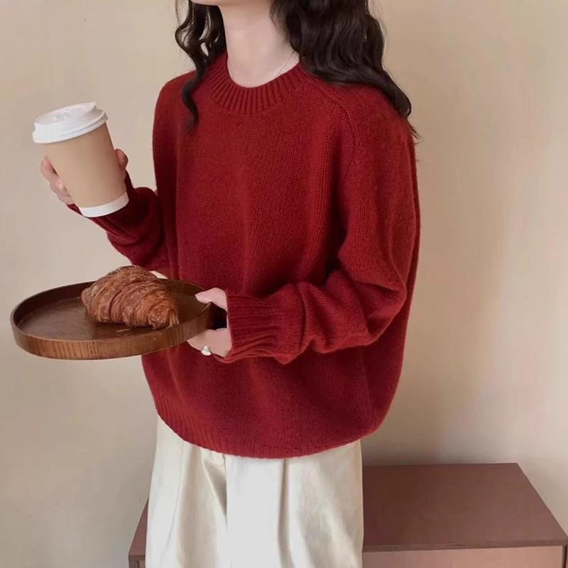 Women's Retro Solid Color Round Neck Sweater - Loose Fit Knitwear for Autumn/Winter 2025