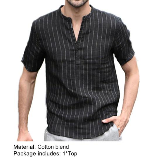 Męska koszulka z krótkim rękawem w paski z dekoltem w serek, stójką, casualowy T-shirt, odzież męska