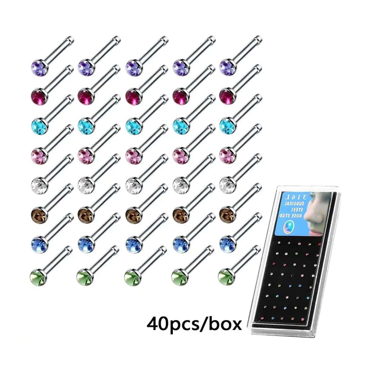 

24/40/60 шт. хрустальные носовые кольца, гвоздики для носа для женщин и мужчин, нержавеющая сталь, цветные стразы, наборы для пирсинга, ювелирные изделия, подарок