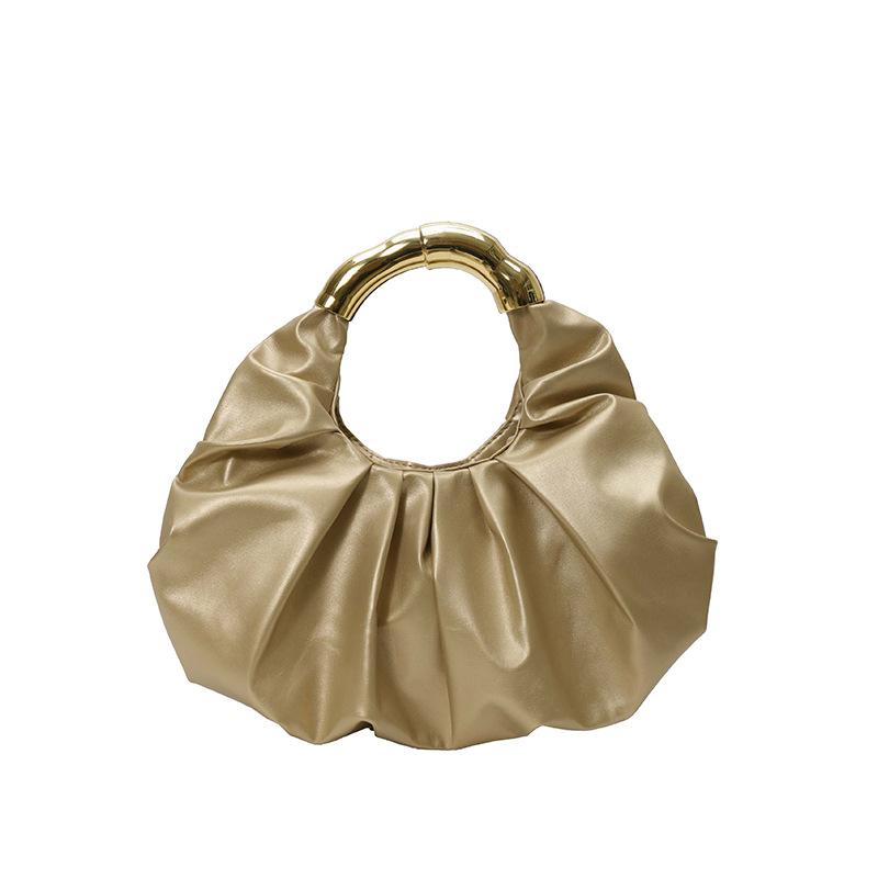 Fashion Ruched Faux Leather Women's Hobo Bag Gold Metal Handle Clutch Bags Elegant Evening Handbag for Party and Formal Events