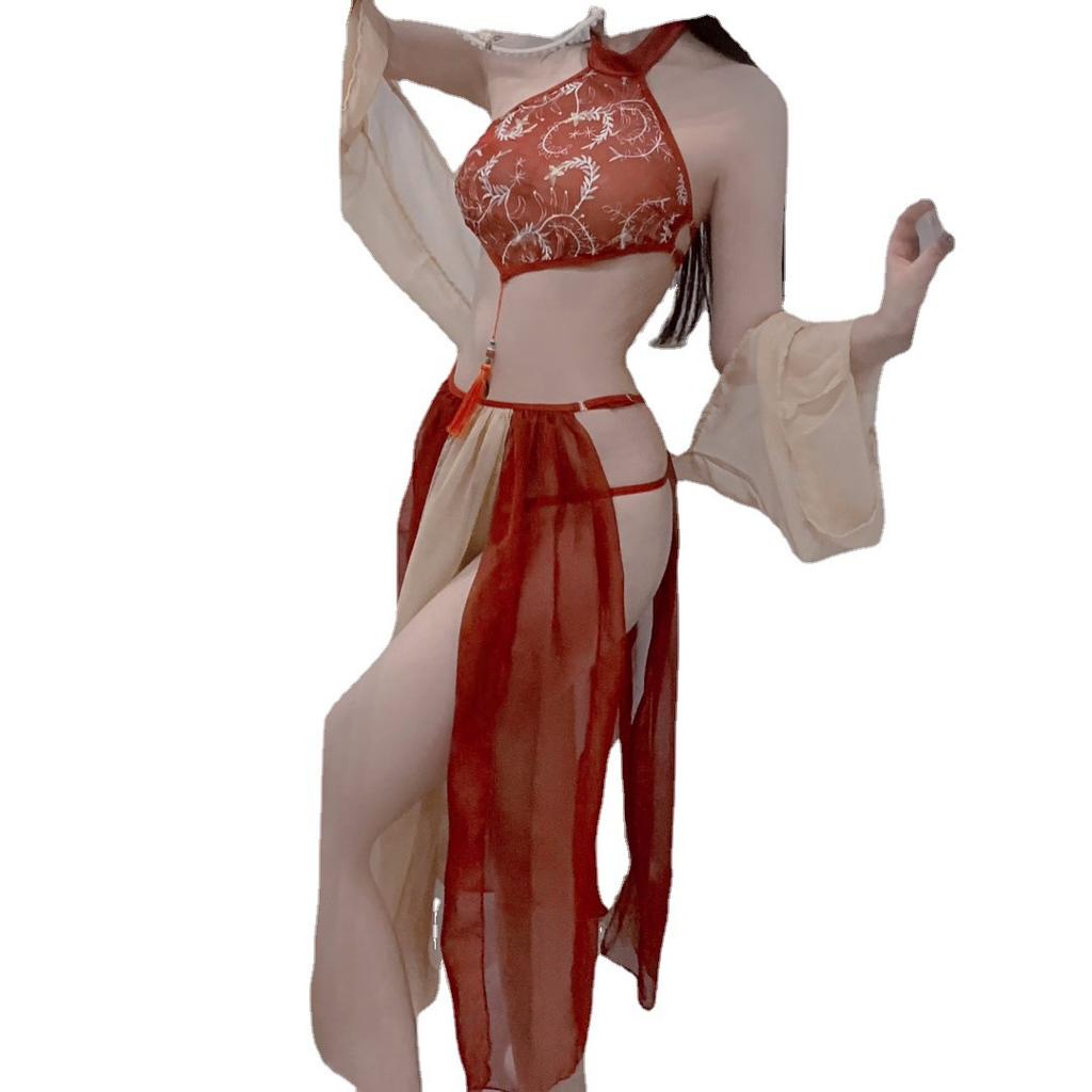 New sex underwear pure desire retro style Hanfu Dunhuang flying phoenix embroidery neck belly pocket Luo gauze skirt set