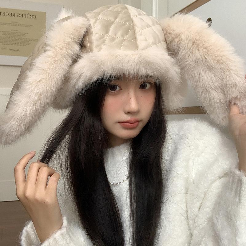 

Игривый зайчик~ милая плюшевая шапка с кроличьими ушками, женская зимняя теплая шапка для защиты ушей из искусственного меха, лыжная шапка Adult average size