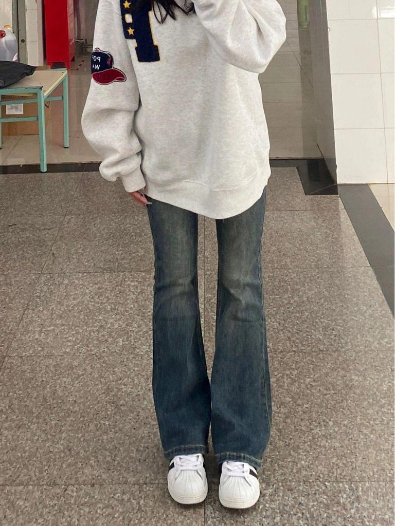 Cement Gray High-Waisted Micro-Flare Jeans with Plus Velvet for Women - Autumn/Winter Slimming Pear-Shaped Fit