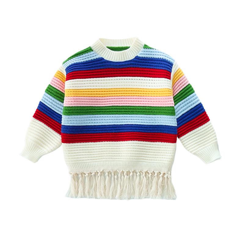 

2025 Girls Rainbow Tassel Thickened Knit Sweater - Autumn/Winter Fashionable Pullover 100 cm