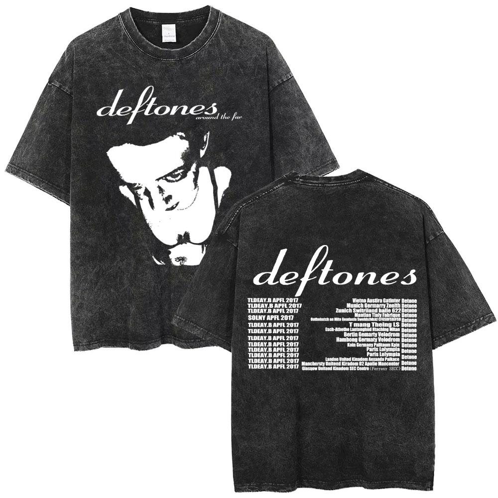 Washed Vintage Rock Band Deftones Cat Graphic Tshirts Men Alternative Heavy Metal Short Sleeve T Shirts Male Retro Streetwear