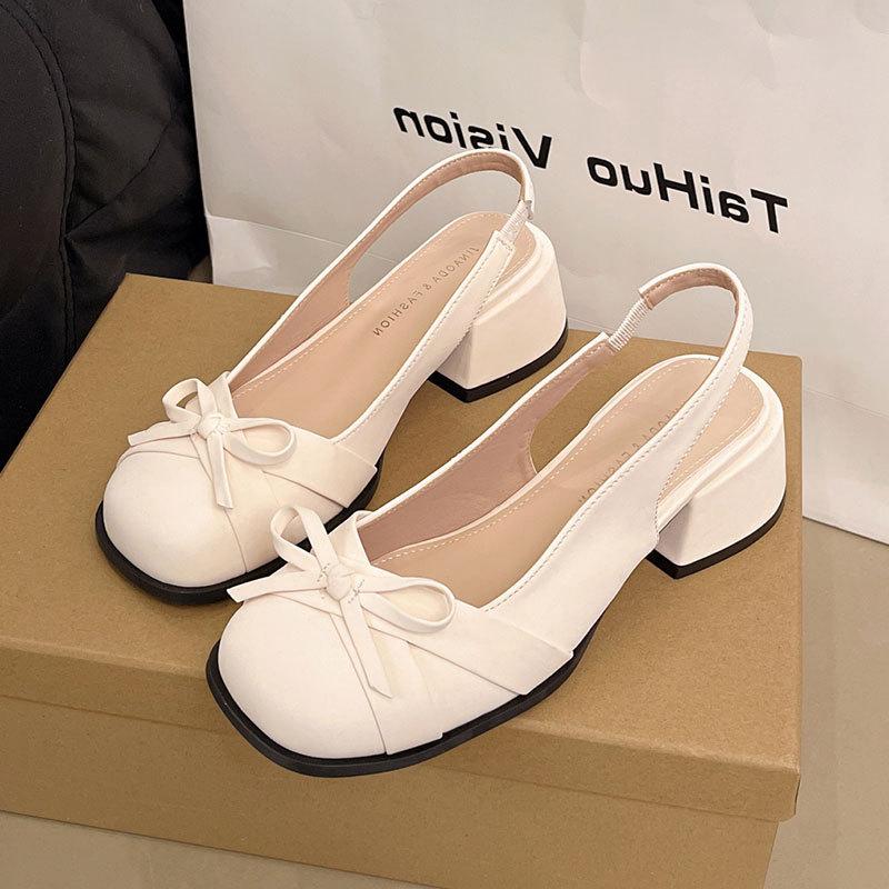 

Fashion pink Mary Jane women s shoes thick heel summer new bow satin bag head empty sandals women 40 бежевый