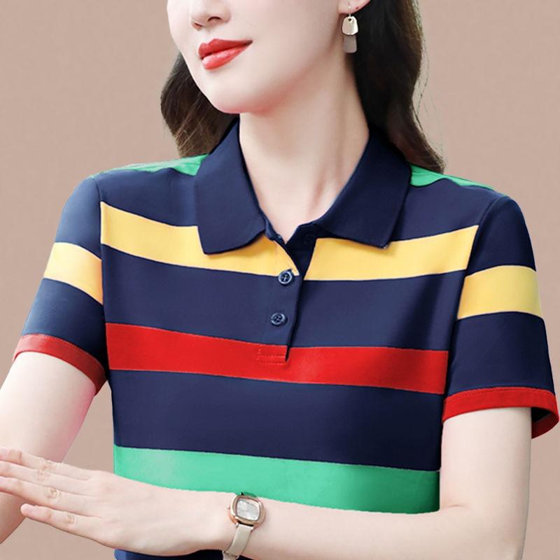 

Жіноча бавовняна футболка з коротким рукавом 2025 Літо Новітня Смугаста Повсякденна Спортивна З лацканом Елегантна Футболка-поло XXXL