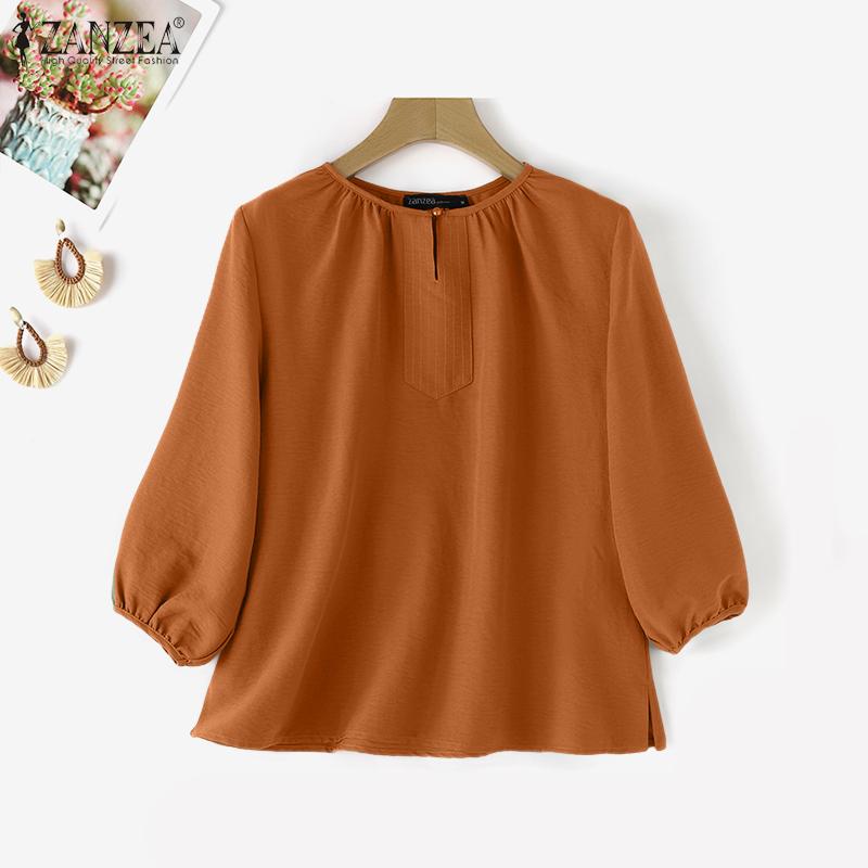 ZANZEA Women Casual Round Neck Solid Color 3/4 Sleeve Loose Blouse