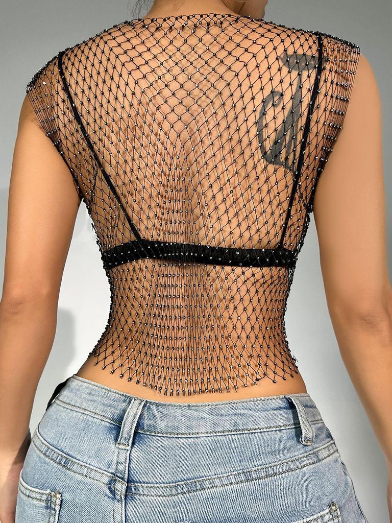 Sparkly Rhinestone Fishnet Round Neck Tank Top - Women's Summer Fashion