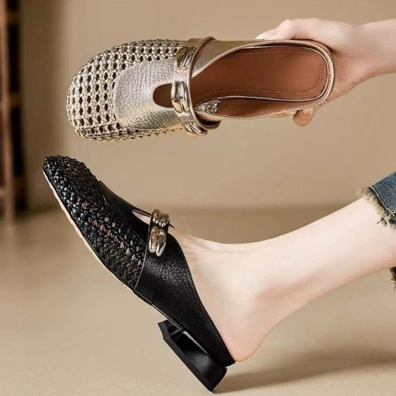 Wide Head Design Baotou Half Slippers Women's Summer Outside Wear Hollow Woven Metal Buckle Non-slip Cool Slippers