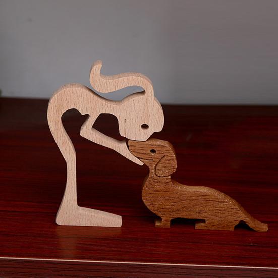 Hand Carved Wood Human And Dog Figurine Handmade Wooden Men Women Puppy Statue for Office Home Decor Decorative Sculpture for Dog Lovers