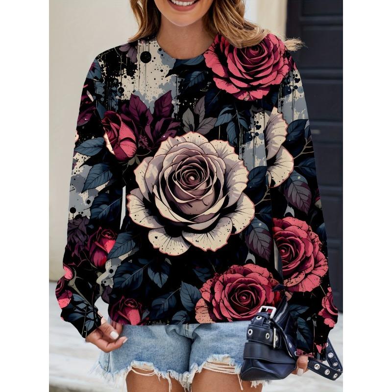 Neues Damen Buntes Schillerndes Blumenmuster Rundhals Sweatshirt Leicht Bequem Lässig Locker Übergröße Langärmliger Pullover