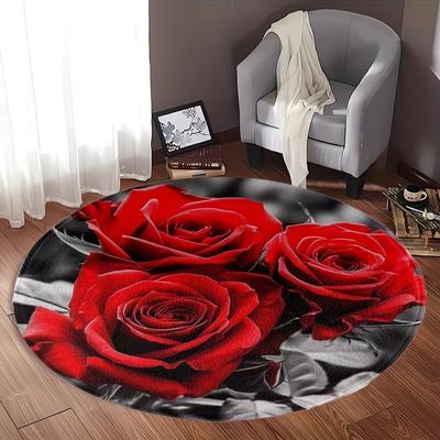 1Pcs Red Rose Pattern Round Area Rug Indoor Non-Slip Washable Fiber Carpet Soft Comfortable Mat For Bedroom Living Room