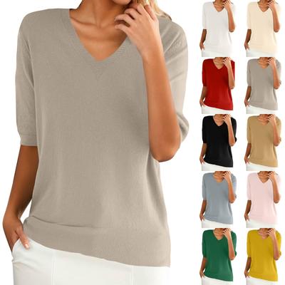 Tricou Pulover Femei Mânecă Scurtă Topuri Tricotate Pulover Pulover cu Decolteu în V Ușor Casual Pulover Colorat Topuri Elegante Primăvară Vară