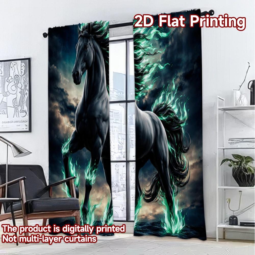 2D FLAT PRINTING 2pcs Curtains (Without Rod) Black Horse with Green Flames Modern Curtains&Drapes Versatile Polyester Fabric