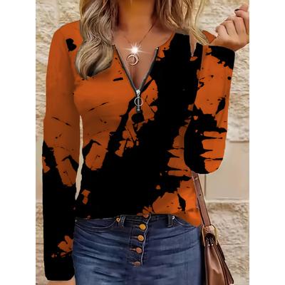 Elegant, Casual, Comfortable Style, Colorful Painting, Graphic Elements, Printed Women's Round Neck Zipper, Long Sleeves
