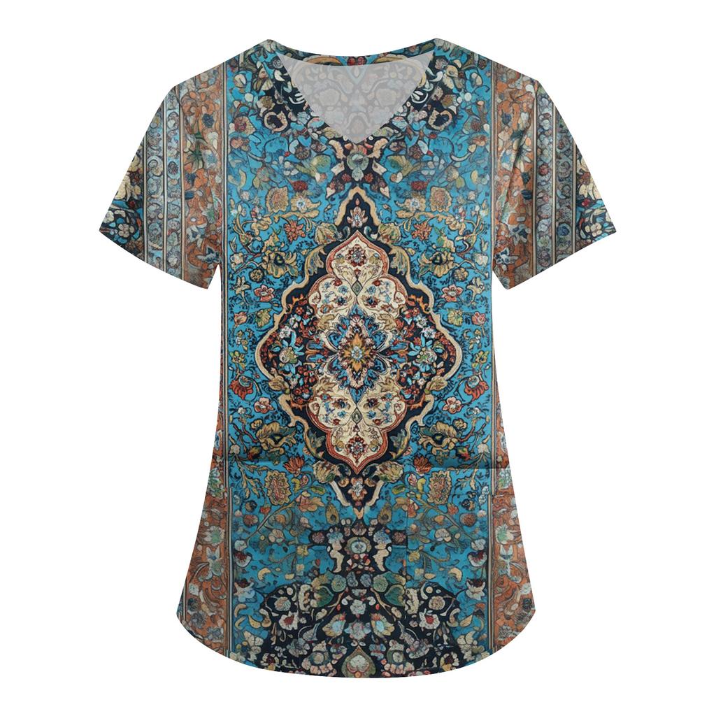 Women's Cute Printed Work Clothes V-neck Double Layer Pockets Basic Short Sleeve Top Pullover Valentines