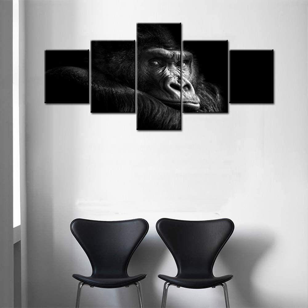 5Pcs Beautiful Portrait of a Male Gorilla Black Background Paintings Cute Chimp Monkey Kid room Canvas Home Decor Modern Wall
