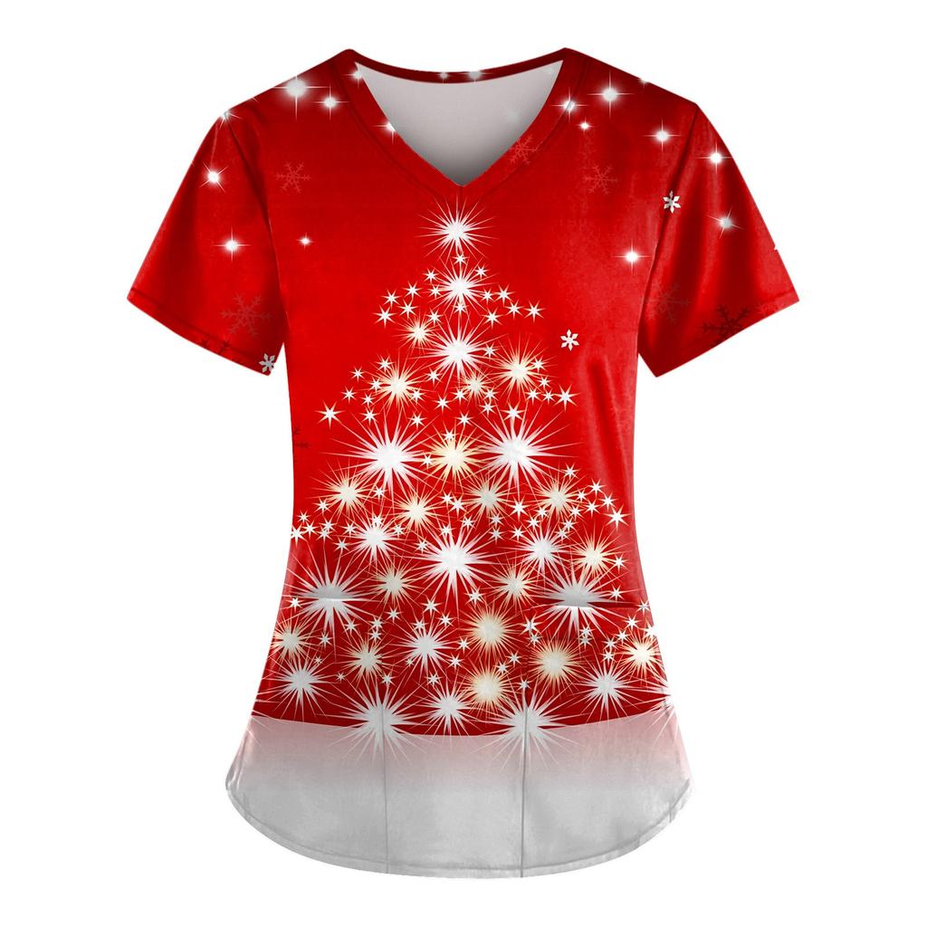 Plus Size Printed Scrub Working Uniform Tops For Women's V-neck Christmas Print Short Sleeve Fun T-shirts Workwear Tee With Pockets