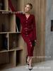 Women's V-Neck Knit Dress with Metal Buttons and Waist Belt, Side Slit, Casual Elegant Long Sleeve Sweater Dress
