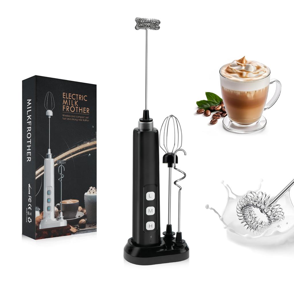 3-in-1 Electric Milk Frother, 3-speeds Power Adjustablehandheld Portable Electric Mixer, Placed Base Type-C Charging