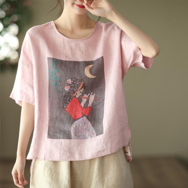 New Summer Retro Literary Printed Cotton and Linen Top for Women's Loose Round Neck Short-sleeved T-shirt Versatile Head