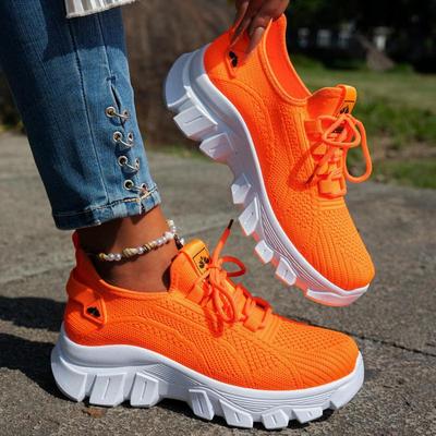 Frühling Damen Schuhe Orange Sneaker Frau Strickschuhe Atmungsaktives Netz Damen Freizeitschuhe Plateau Schnürung Weiche Dicke Sohle