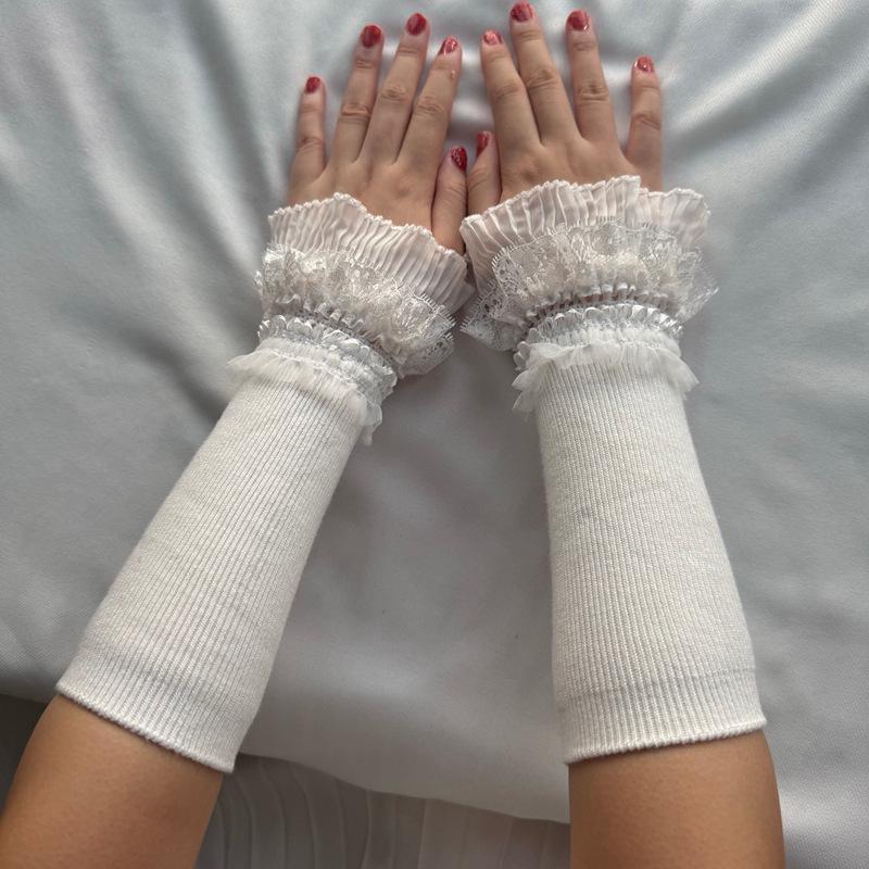 

Women s Mesh Lace Decorative Sleeves & Cuffs Hoodie Gloves білий