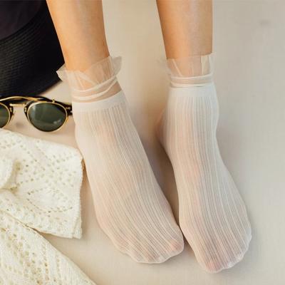 Aksamitne skarpetki damskie ultra-cienkie przezroczyste koronki falbany skarpetki z falbaną kobiety moda lato w stylu japońskim Harajuku Retro długie skarpetki