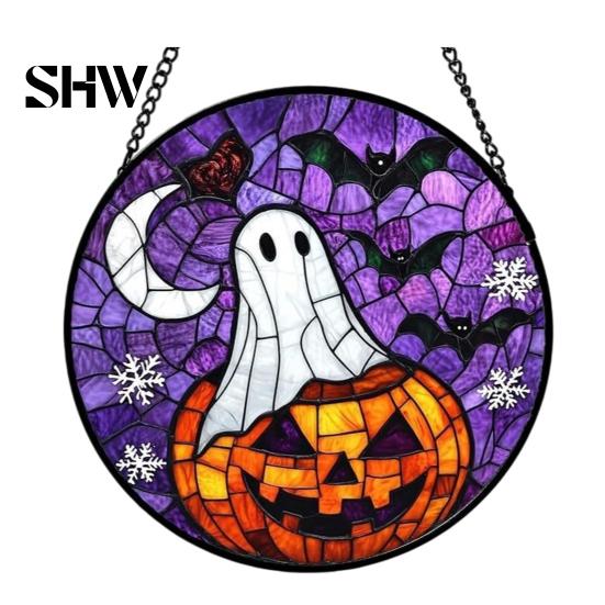Unique Wall Hanging Art Retro Halloween Pendant, Ghost/Bat/Spider Web/Pumpkin Head Print, Old School Horror Room Decor Vintage Acrylic Ornament