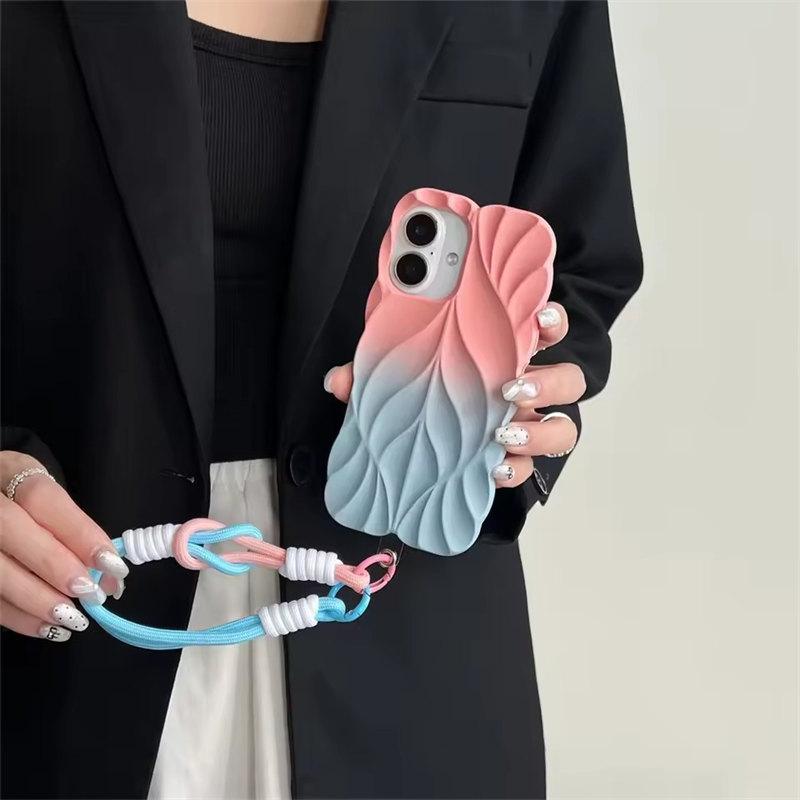 Gradient Pleated Leaf Texture Phone Case with Wrist Strap for iPhone 16 Pro Max 15 14 Plus 13 Shockproof Protectiv Back Cover