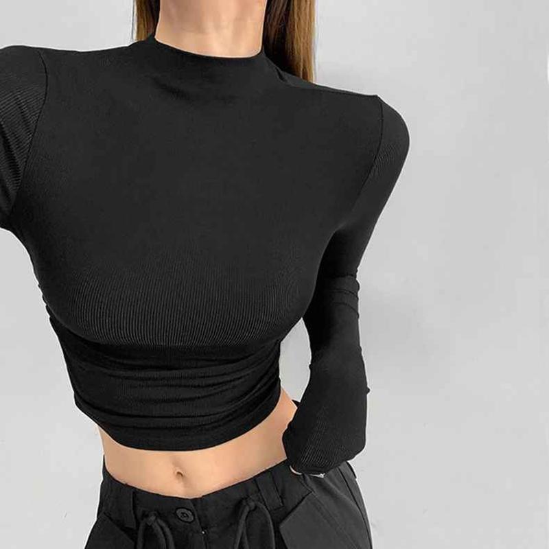 Ins Half High Neck Pleated Knitted Bottoming Shirts Women Stretchy Slim Thin Short Section Inside Long Sleeve Jumper Tops