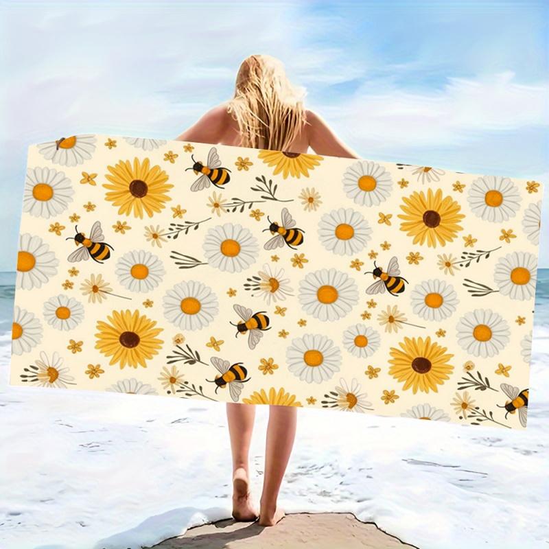 Daisy Bee Pattern Beach Towel Super Absorbent Quick Dry Microfiber Bath Blanket Cute Floral Art for Picnic & Seaside Relaxation