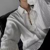 Men Shirt White Long Sleeve Lapel Lace-up Collar Pullover Tops Vertical Stripe Texture