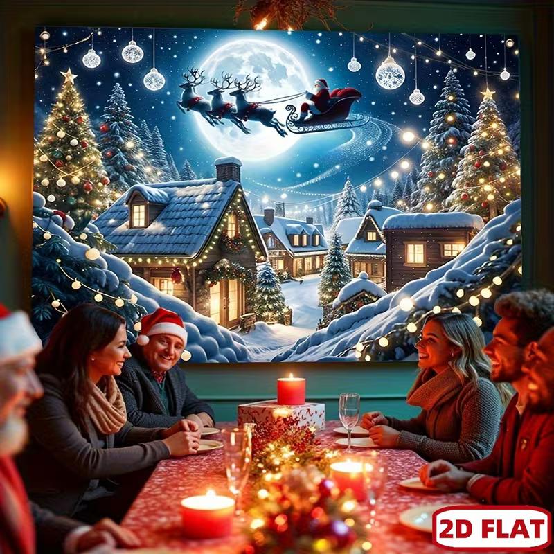 2D Magische Weihnachtsnacht Szene Kulisse, Weihnachtsmann Schlitten & Gemütliches Dorf Fotografie Hintergrund