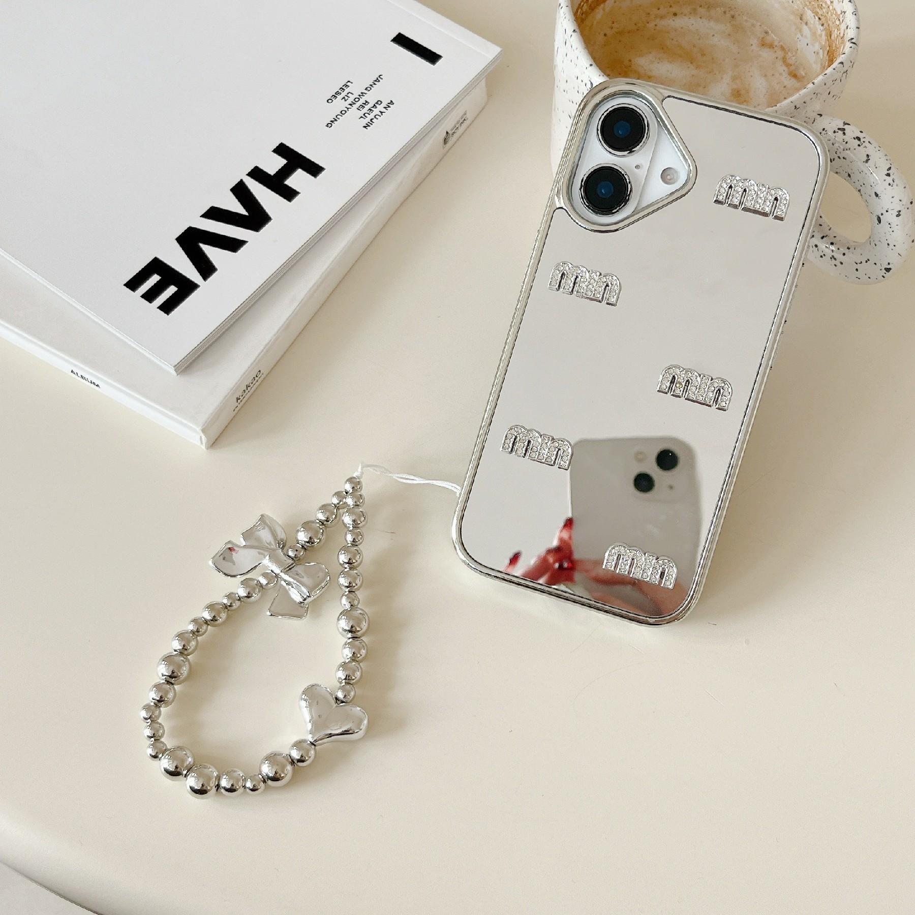 

For iPhone 16 Case Rhinestone Letters Mirror Surface Design TPU Acrylic Phone Back Cover with Strap A