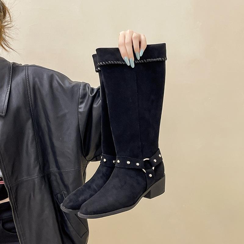 

Design Rivet buckle with pointed thick heel women s knight boots autumn and winter fashion with coat high heel stacking boots women s boots 35 чёрный