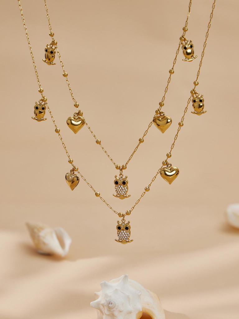 18K Gold-Plated Stainless Steel Jewelry Set: Owl Zircon Heart Pendant Necklace & Bracelet