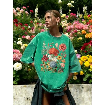 Vintage Hydrangea Flowers Design Washed T-Shirt Women Cotton Gym Running Short Sleeves Sportswear Summer Loose T Shirt