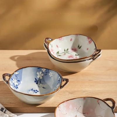7.5inch Japanese Household Noodle Bowl Ceramic Soup Bowl With Handle Salad Pasta Bowl Kitchen Tableware Microwave Oven Bakware