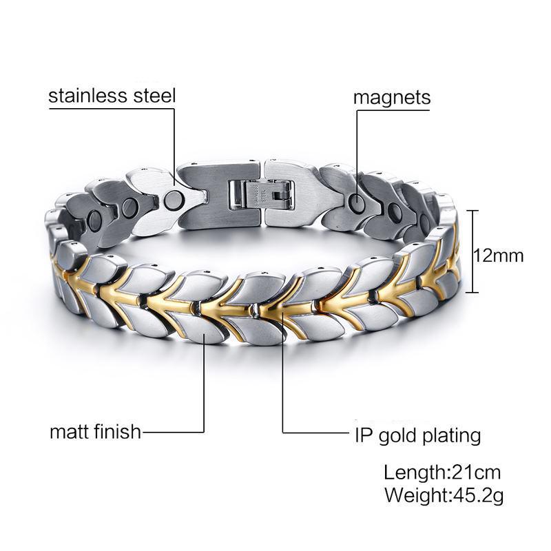 12mm Heavy Punk Gold Color Magnetic Health Wheat Ear Bracelet Men Women Hiphop Stainless Steel Classic Bike Biker Bangle Jewelry 21cm