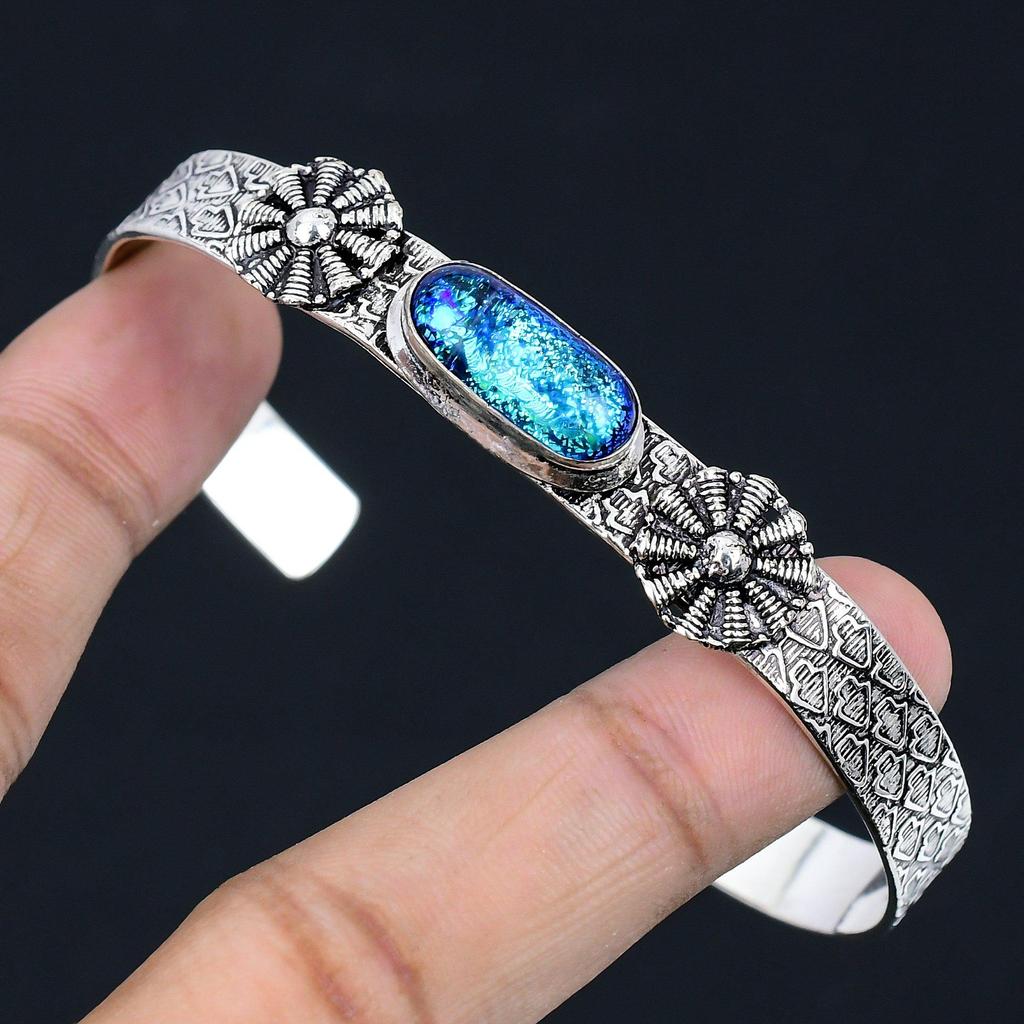Gift For Her Natural American Dichroic Glass Bangle Adjustable 925 Silver