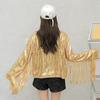 Lapel Long Sleeve Open Stitch Short Type Women Coat Shiny Sequins Tassel Stage