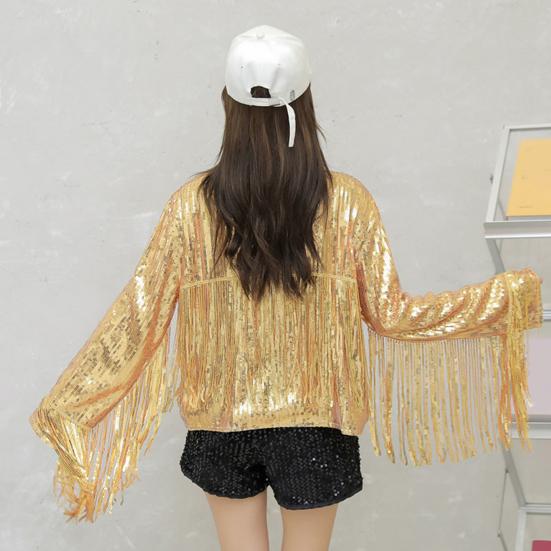 Lapel Long Sleeve Open Stitch Short Type Women Coat Shiny Sequins Tassel Stage