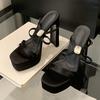 Fashion Liyke Summer Solid Black Silk Platform Sandals Women Sexy Thick Bottom Square Toe Diamond Designer High Heels Banquet Party Shoe