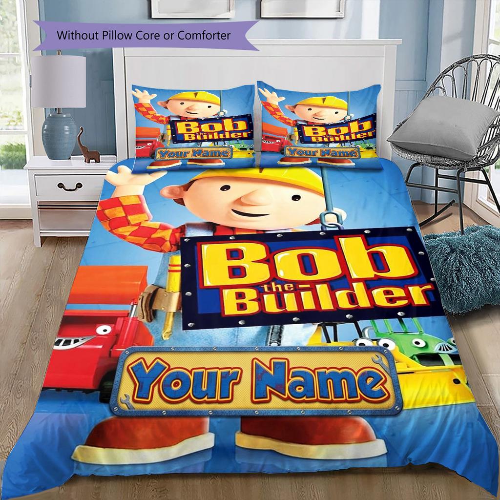 Bob Builder Theme Custom Name Pattern Bedding Quilt Set Quilt Cover Pillowcase Home Birthday Gift(1 * duvet cover + 2 * pillowcase, without core)