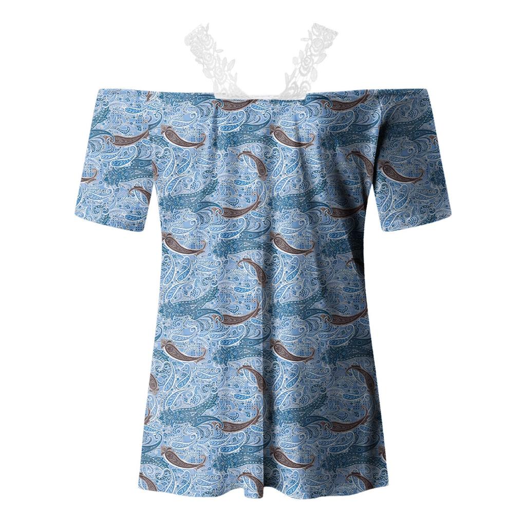 Women's V-Neck Lace Patchwork Tops Short Sleeves T-shirt Printed T-shirt Top