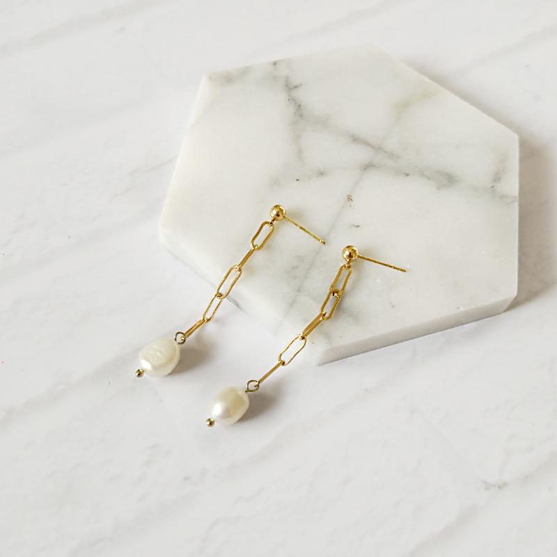 Elegant Baroque Freshwater Pearl Chain Tassel Long Drop Earrings For Women 14K Real Gold Plated Copper Daily Jewelry