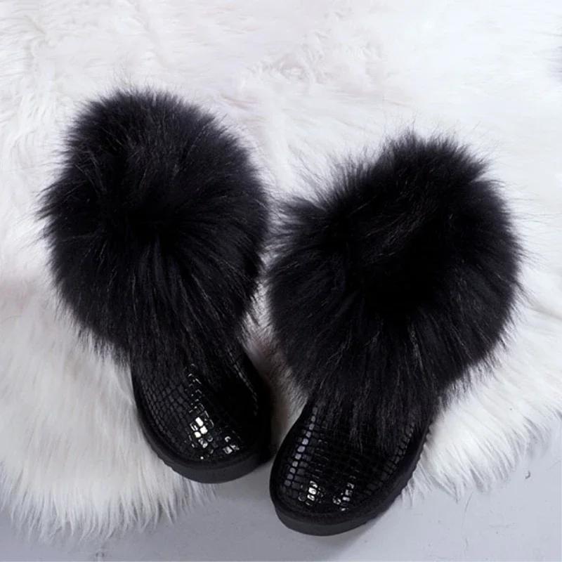 Heet Verkocht Australië Klassieke Natuurlijke Vos Bont Sneeuwschoenen Dames Enkellaarzen 100% Echt Leer Warme Winterlaarzen Dikke Pluche Schoenen 40 black