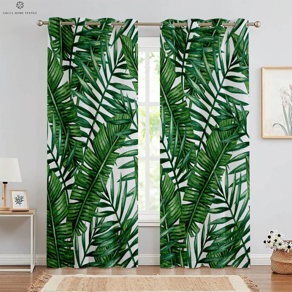 Geometric Green Leaves Tropical Vegetation 3D Printing Curtains, Black and White, Bedroom, Living Room, Window Decoration